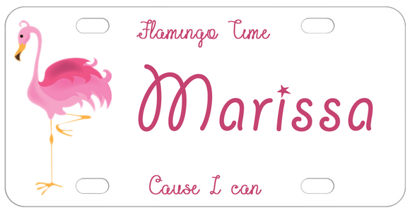 Flamingo on one foot on left and any custom text on top, center, and bottom