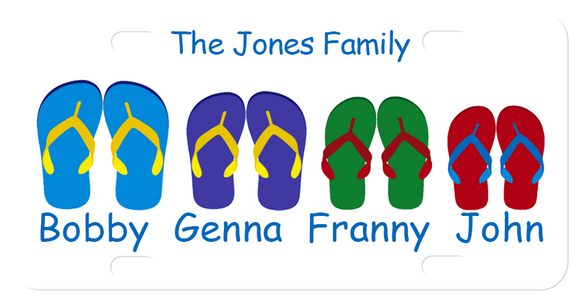 Personalized on top with family name and individual names under pairs of flip flops in different colors and sizes. 4 pairs of flip flops shown.  The more pairs, the smaller they and the text will be