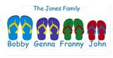 Personalized on top with family name and individual names under pairs of flip flops in different colors and sizes. 4 pairs of flip flops shown.  The more pairs, the smaller they and the text will be