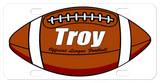 Football personalized license plates with any name or custom text.  This version of the ball has the high school, college style white lines on each end of the ball