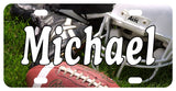 License Plate designed with Football, Helmet and Cleats on Grass and personalized with any name