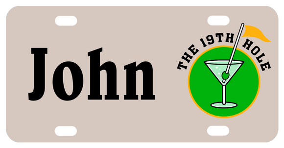 License Plate with martini glass and golf flag as the stirrer with olive and the 19th hole. Any personalized name is on the left of the illustration