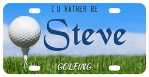 golf ball on tee on the green with a blue sky. custom license plate with any name and additional text on top and bottom