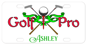 Golf Pro with tee, ball and cross clubs along with a fancy ribbon and any personalized name on the bottom