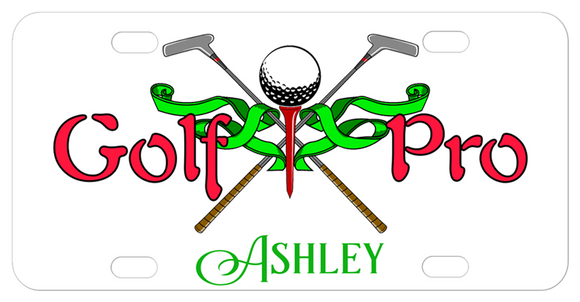 Golf Pro with tee, ball and cross clubs along with a fancy ribbon and any personalized name on the bottom