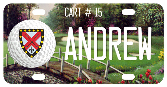 Vintage scene of golf course and stone bridge along with golf ball and your custom text.