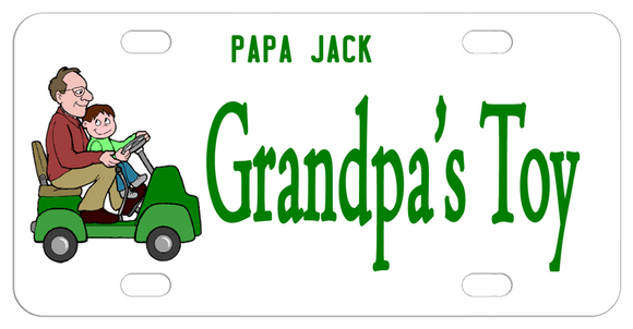 Grandfather and Grandson on a mini 1 seater golf cart. Plate says Grandpa's Top but you can personalize with whatever you like