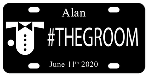 Black plate with white implied grooms tux and bow tie personalized on top, center and bottom with grooms name, wedding date or whatever custom text you want
