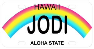 Hawaii curved Rainbow mini license plate with any name in the center.