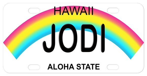 Hawaii curved Rainbow mini license plate with any name in the center.