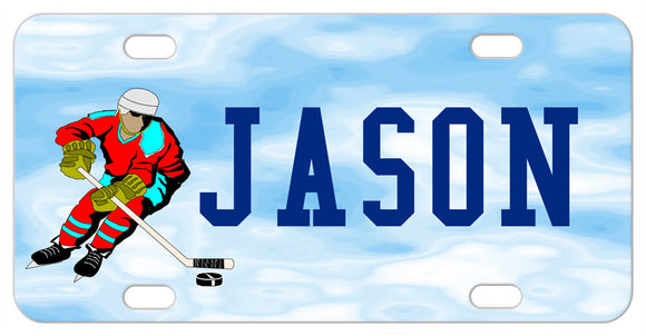 Hockey player pushing puck in the clouds on a custom bike plate with your name