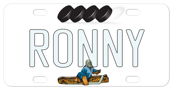 Plate has pucks across the top and a hockey goalie split position on the bottom with any name in the center