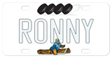 Plate has pucks across the top and a hockey goalie split position on the bottom with any name in the center