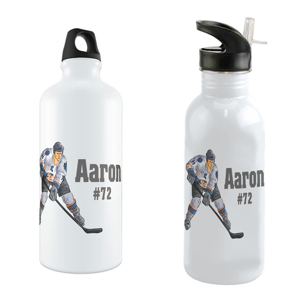 Image of hockey player along with any name and number personalized on a custom water bottle