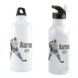 Image of hockey player along with any name and number personalized on a custom water bottle