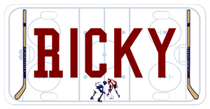 Personalized License Plate with Ice hockey rink background with stick borders and any name customized in center.