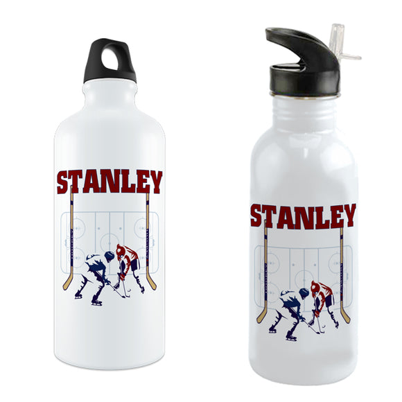 Hockey rink with two players at faceoff on a white water bottle personalized with any name