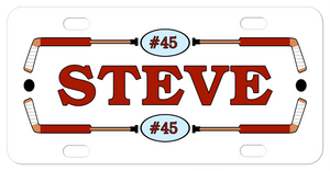 Hockey sticks as a frame to any name and your jersey number in an oval separating the sticks on top and bottom