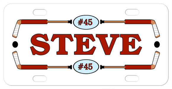 Hockey sticks as a frame to any name and your jersey number in an oval separating the sticks on top and bottom