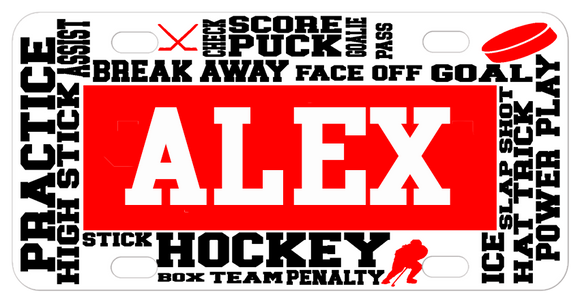 Custom License Plates with Various Hockey Related Terms Randomly Placed going horizontal and vertical on the plate with any name in the center.