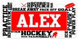 Custom License Plates with Various Hockey Related Terms Randomly Placed going horizontal and vertical on the plate with any name in the center.