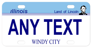 IL mini license plate with small pix of lincoln on right of blue top and white bottom any text personalized