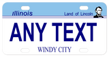 IL mini license plate with small pix of lincoln on right of blue top and white bottom any text personalized