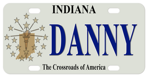 Indiana mini license plate with tan version of the fag with flame, stars, and shape of the state on the left with any name to the right in the center of the plate.