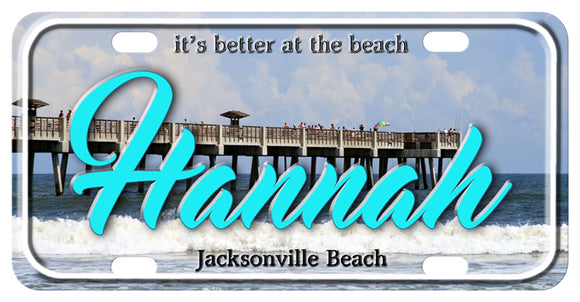Jacksonville Beach Pier Backdrop on a custom bike license plate personalized with any name and custom text on top, center, and bottom of the plate