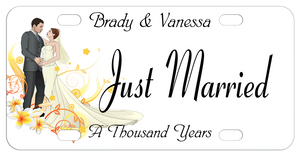bride and groom standing as if they're dancing caused us to call this the first dance design personalized bike plate with any custom text on top center and bottom such as just married and the couples names and their first dance song name