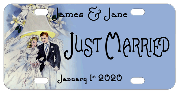 Vintage Wedding Circa 1950's Design Bride, Groom and Wedding Bell license plate with any custom text