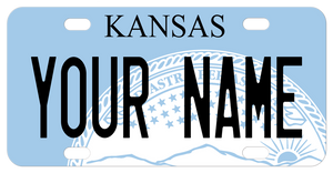 Blue plate with white seal of Kansas and personalized with any name on a custom mini license plate novelty gift