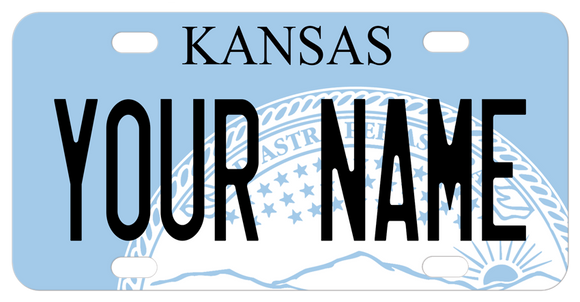 Blue plate with white seal of Kansas and personalized with any name on a custom mini license plate novelty gift