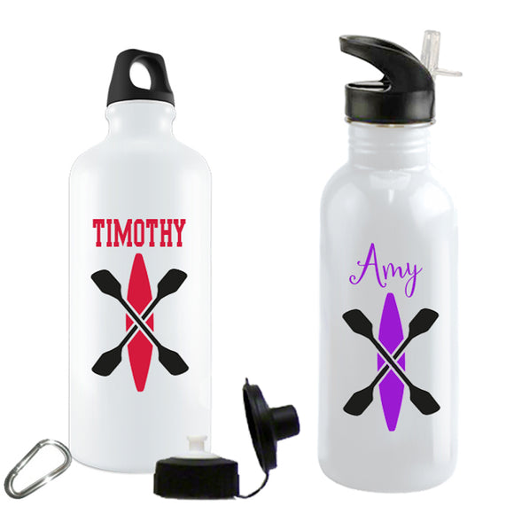Kayak with cross paddles on a custom water bottle in aluminum or stainless steel