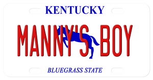 Kentucky mini license plate with blue horse in center and any name. Name will cover portions of the horse. Plate says Kentucky on top and Bluegrass State on bottom