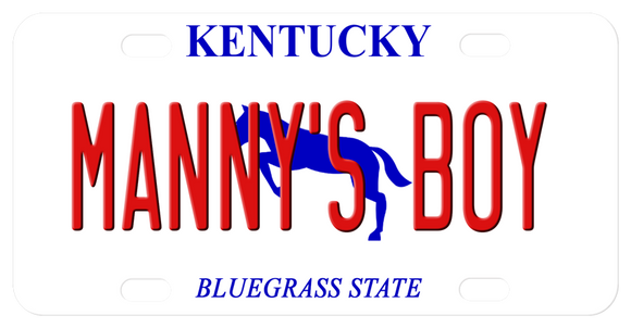 Kentucky mini license plate with blue horse in center and any name. Name will cover portions of the horse. Plate says Kentucky on top and Bluegrass State on bottom