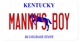 Kentucky mini license plate with blue horse in center and any name. Name will cover portions of the horse. Plate says Kentucky on top and Bluegrass State on bottom