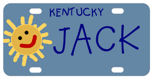 Cartoon drawing of a sun on a blue background. Kids handwriting says Kentucky and any name