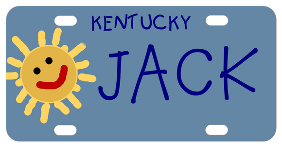 Cartoon drawing of a sun on a blue background. Kids handwriting says Kentucky and any name