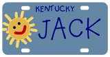 Cartoon drawing of a sun on a blue background. Kids handwriting says Kentucky and any name