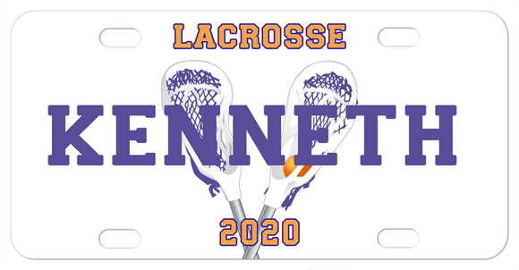 Lacrosse Sticks crossed behind any name on a mini license plate for bikes and atvs or a full size license plate for the front of your car