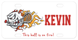 Personalized bike plate with lacrosse ball holding a LAX stick in it's mouth with trailing flames. Personalized with any name and custom text.