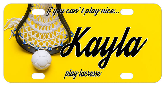Lacrosse License Plate with yellow background Lacrosse basket and ball, personalized with any name and custom text.