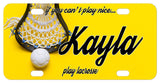 Lacrosse License Plate with yellow background Lacrosse basket and ball, personalized with any name and custom text.