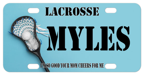 Lacrosse stick and ball on left with any text on top center and bottom on a custom mini license plate