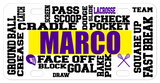 Custom bike plates and car tags with lacrosse terms randomly placed and name in center. 