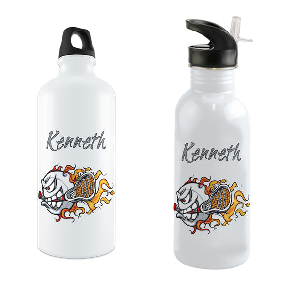 Lacrosse ball holding stick with trailing flames on a 20oz bike water bottle and your name