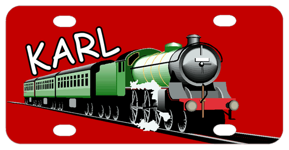 red background with locomotive train in shades of green chugging on tracks with name diagonal above the train cars