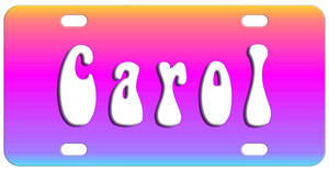 Gradient Neon-ish background from blue up to yellow with purple and pink in between and name in blubble font