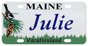Maine Chickadee and Pine Cone custom license plate personalized with any name. Font shown is Times Italic